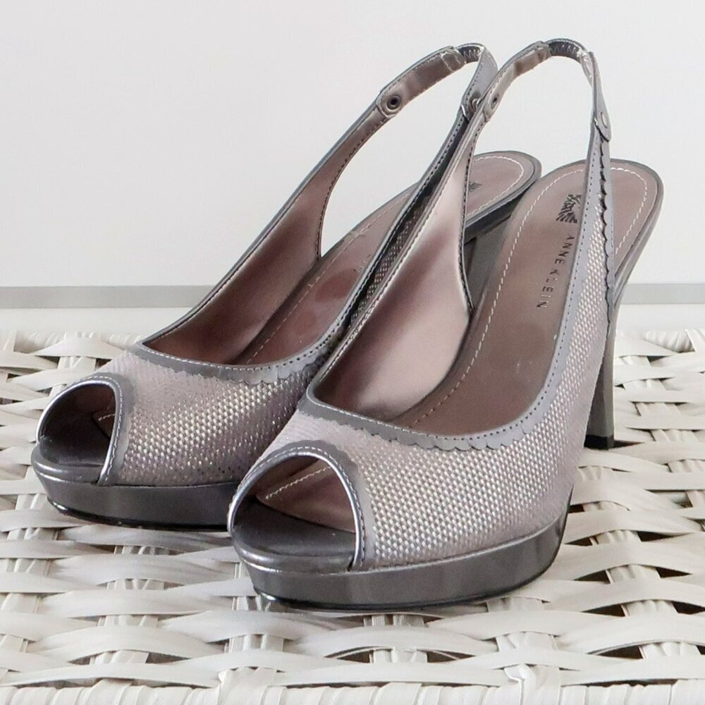 Anne Klein Silver Leather Leather Peep Toe Sling-back Platform Heels Pumps Shoes - Picture 16 of 16
